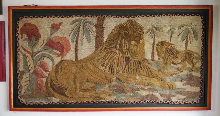Antique folk art hooked rug &ndash; lion motif, framed, Frost design