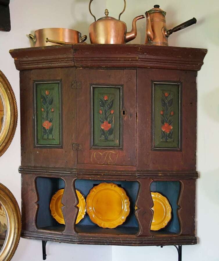 Norwiegan hanging corner cupboard, traces of original paint, circa 1820