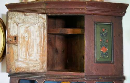 Norwiegan hanging corner cupboard, traces of original paint, circa 1820