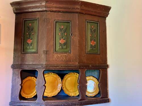 Norwiegan hanging corner cupboard, traces of original paint, circa 1820