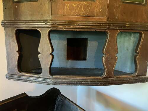 Norwiegan hanging corner cupboard, traces of original paint, circa 1820