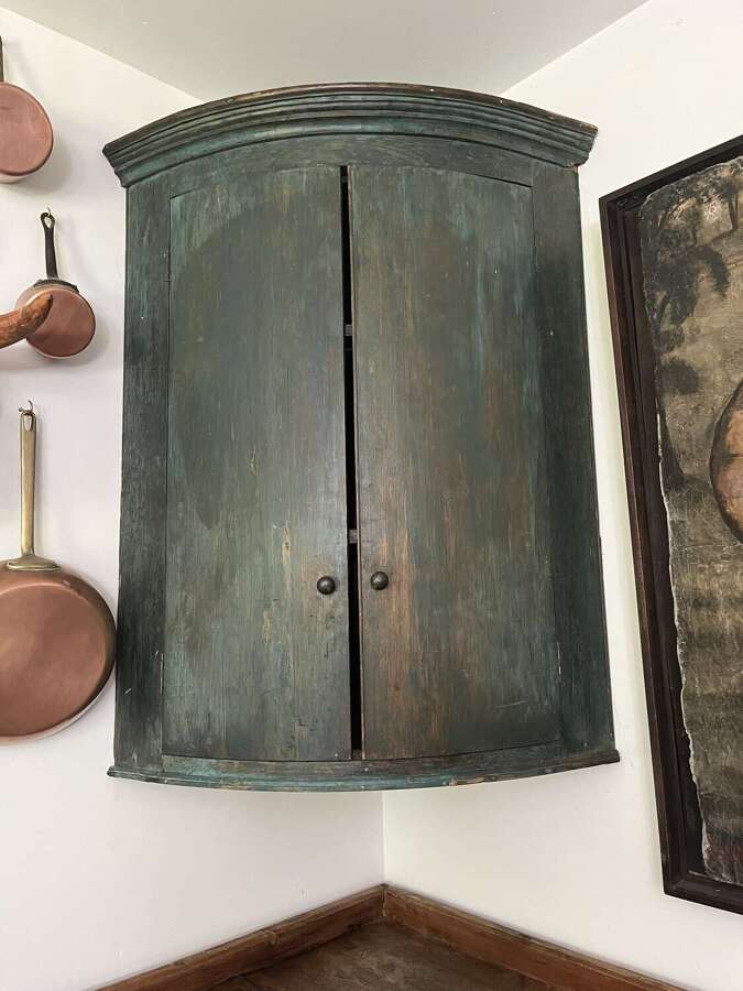 English hanging corner cupboard, original blue/green paint, circa 1820