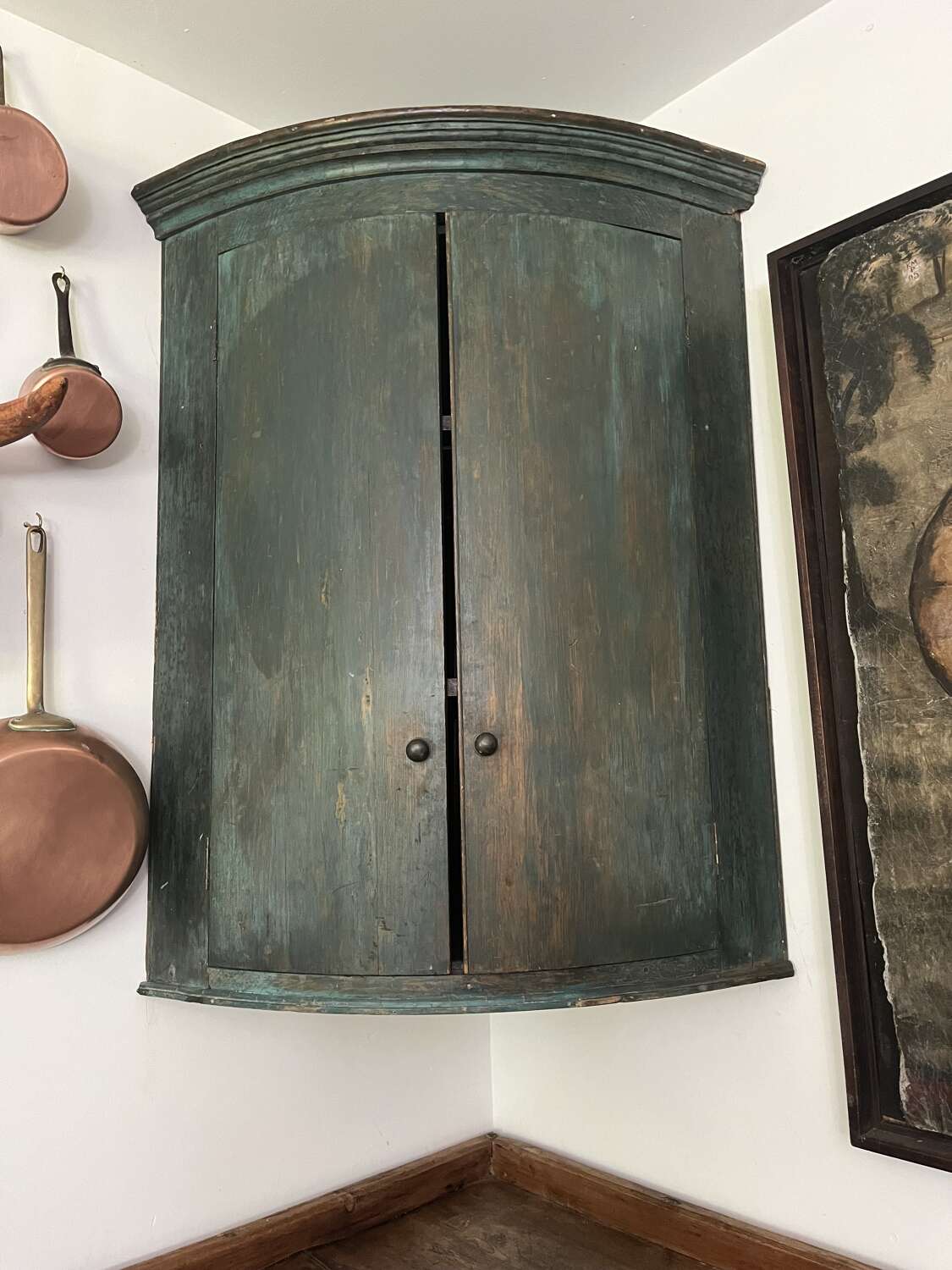 English hanging corner cupboard, original blue/green paint, circa 1820