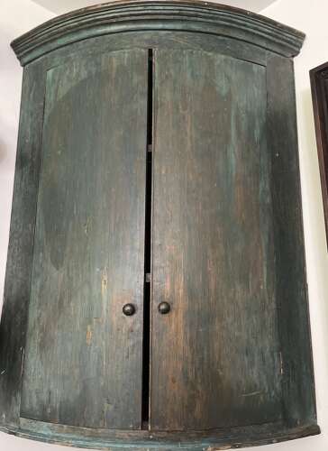 English hanging corner cupboard, original blue/green paint, circa 1820