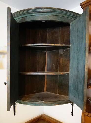 English hanging corner cupboard, original blue/green paint, circa 1820