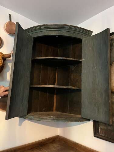English hanging corner cupboard, original blue/green paint, circa 1820