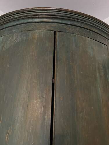 English hanging corner cupboard, original blue/green paint, circa 1820