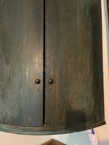 English hanging corner cupboard, original blue/green paint, circa 1820