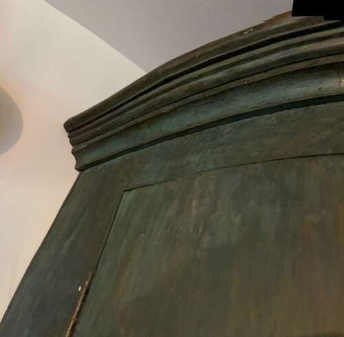 English hanging corner cupboard, original blue/green paint, circa 1820