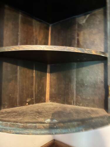 English hanging corner cupboard, original blue/green paint, circa 1820