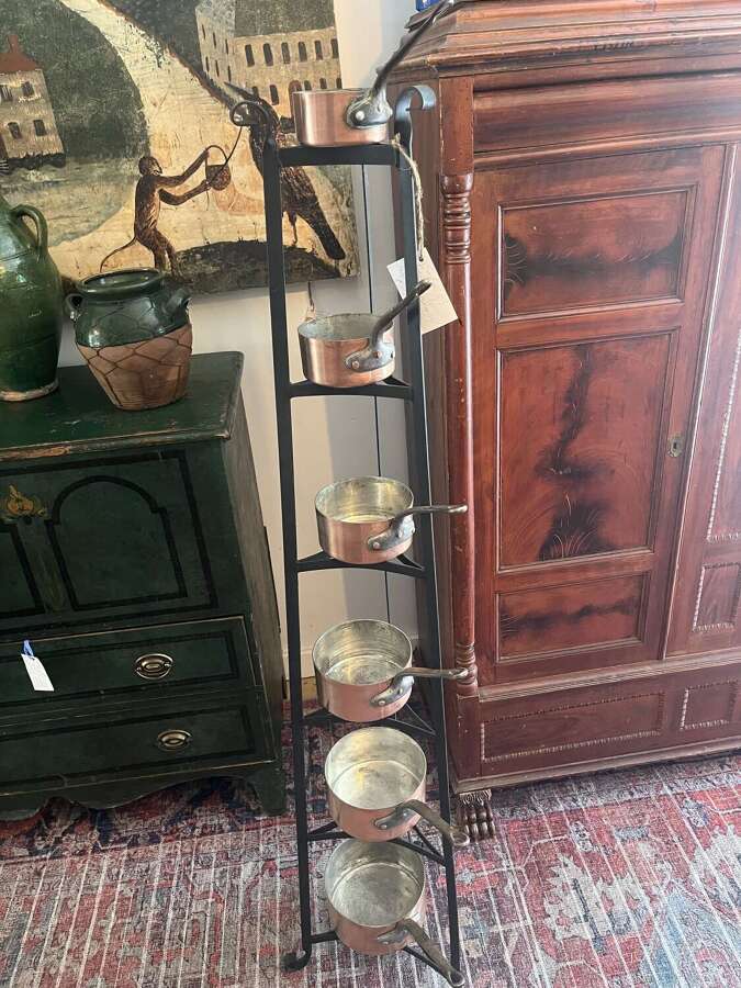 Antique Copper Pot Rack with Hanging Pans &ndash; French Country Style