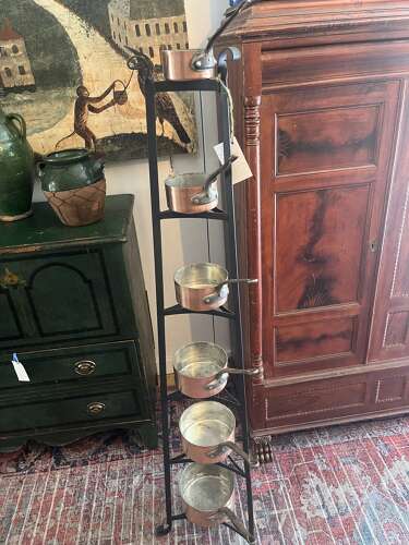 Antique Copper Pot Rack with Hanging Pans – French Country Style