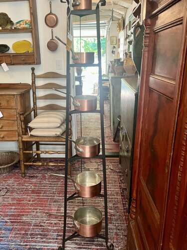 Antique Copper Pot Rack with Hanging Pans – French Country Style