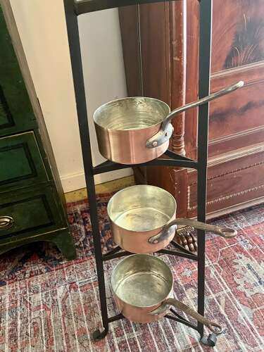 Antique Copper Pot Rack with Hanging Pans – French Country Style