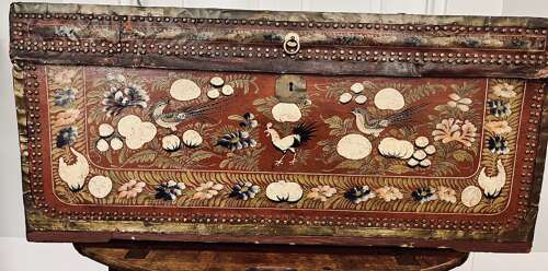 Red painted leather camphor wood Trunk, Chinese export, 19th Century
