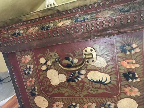Red painted leather camphor wood Trunk, Chinese export, 19th Century