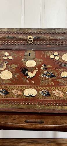 Red painted leather camphor wood Trunk, Chinese export, 19th Century