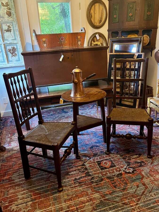 English oak rush seat chairs, pad feet, circa 1890