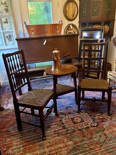 English oak rush seat chairs, pad feet, circa 1890