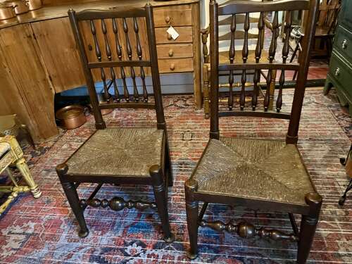 English oak rush seat chairs, pad feet, circa 1890