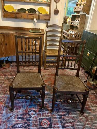 English oak rush seat chairs, pad feet, circa 1890