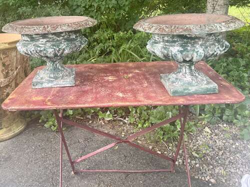 Pair of French cast iron urns original green paint circa 1860