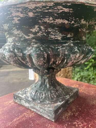 Pair of French cast iron urns original green paint circa 1860