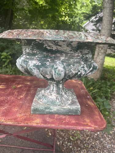 Pair of French cast iron urns original green paint circa 1860