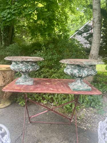 Pair of French cast iron urns original green paint circa 1860