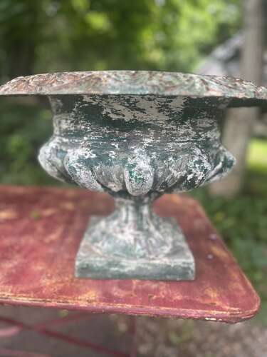 Pair of French cast iron urns original green paint circa 1860