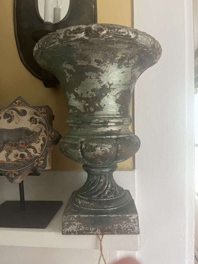 Pair of Antique cast iron urns with weathered green patina