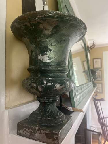 Pair of Antique cast iron urns with weathered green patina