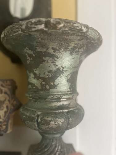 Pair of Antique cast iron urns with weathered green patina