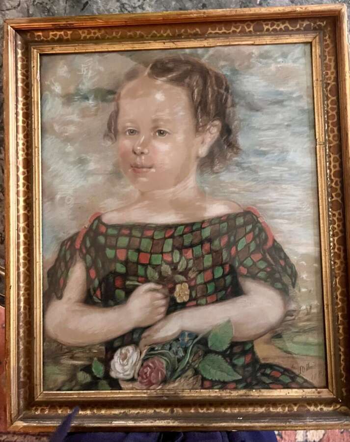 Antique 19th-Century Portrait of a Child in Tartan Dress, Signed & Dated 1873