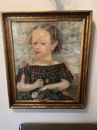 Antique 19th-Century Portrait of a Child in Tartan Dress, Signed & Dated 1873