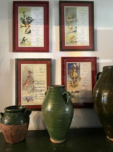 Set of four antique whimsical hand painted, framed French menus
