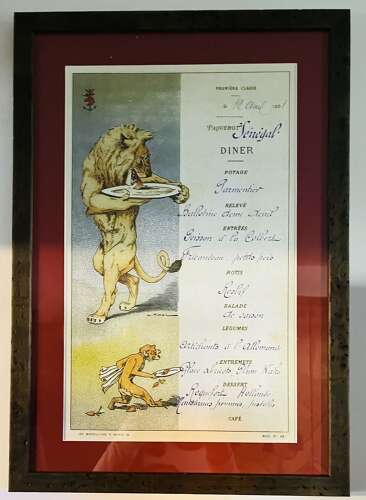 Set of four antique whimsical hand painted, framed French menus