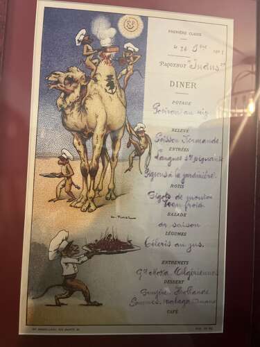 Set of four antique whimsical hand painted, framed French menus
