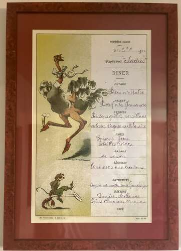 Set of four antique whimsical hand painted, framed French menus