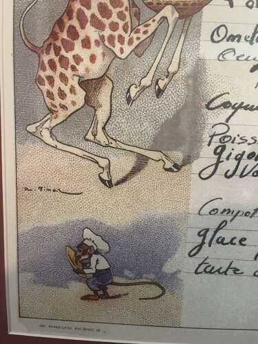 Set of four antique whimsical hand painted, framed French menus