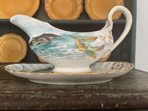 Hand-Painted Porcelain Fish & Turtle Plates with Sauce Boat – 19th Century
