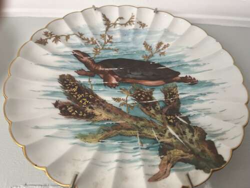 Hand-Painted Porcelain Fish & Turtle Plates with Sauce Boat – 19th Century