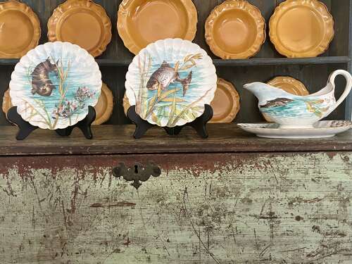 Hand-Painted Porcelain Fish & Turtle Plates with Sauce Boat – 19th Century