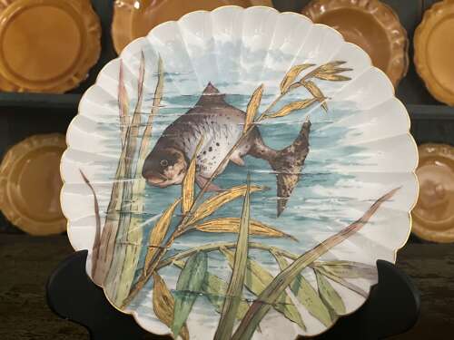 Hand-Painted Porcelain Fish & Turtle Plates with Sauce Boat – 19th Century