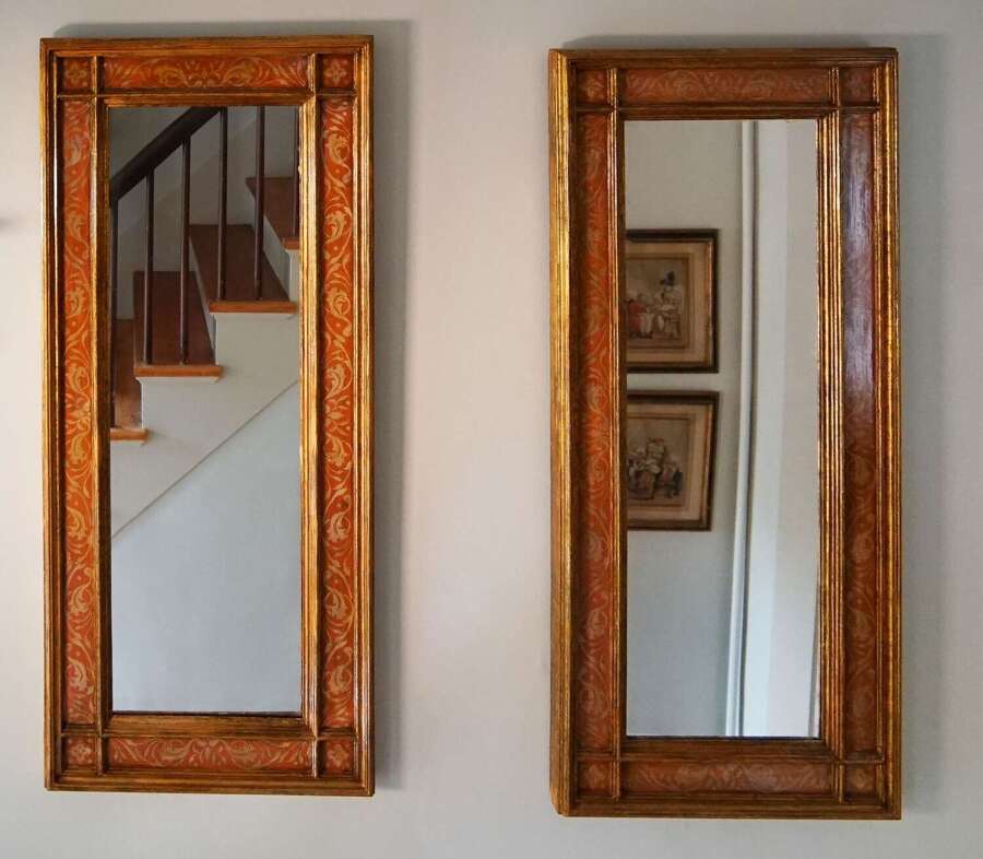 Pair of Hand-Painted Decorative Mirrors with Gilt Frames