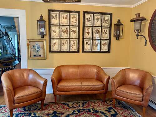 Mid-Century French, Cognac Leather Loveseat + Pair of Barrel Chairs