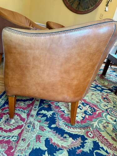 Mid-Century French, Cognac Leather Loveseat + Pair of Barrel Chairs