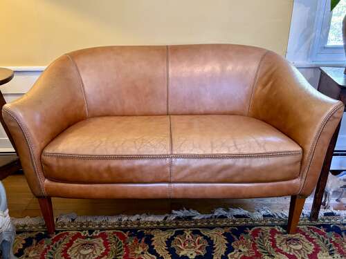 Mid-Century French, Cognac Leather Loveseat + Pair of Barrel Chairs