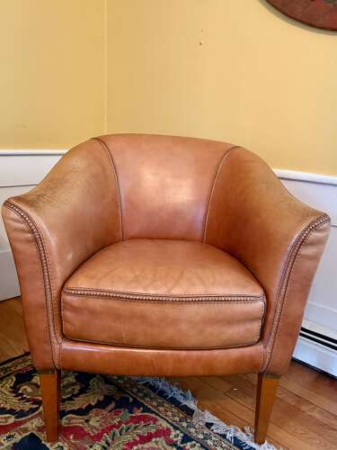 Mid-Century French, Cognac Leather Loveseat + Pair of Barrel Chairs
