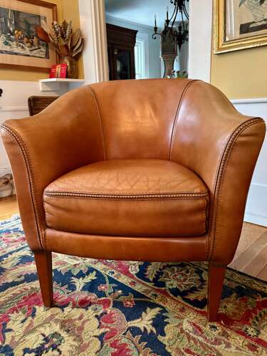 Mid-Century French, Cognac Leather Loveseat + Pair of Barrel Chairs